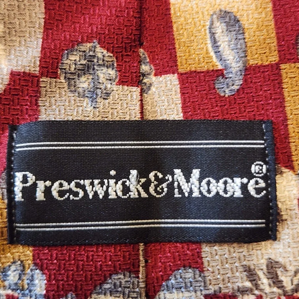 Preswick & Moore Tie Mens OS Red Gold Silk Excellent Leaf Paisley Dark Academia